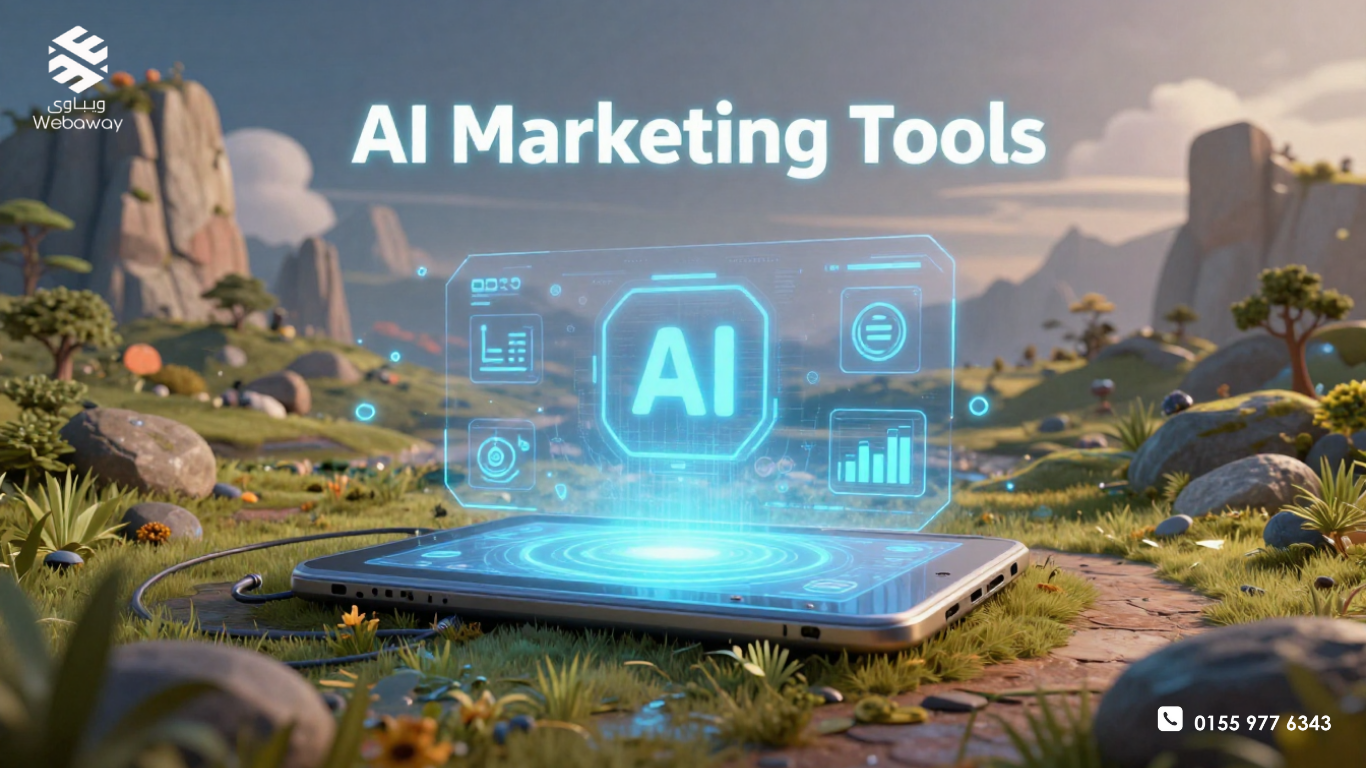 لوحة تحكم رقمية تعرض أيقونات تفاعلية لأدوات ذكاء اصطناعي تقوم بتحليل البيانات التسويقية - ويباوي 2026.