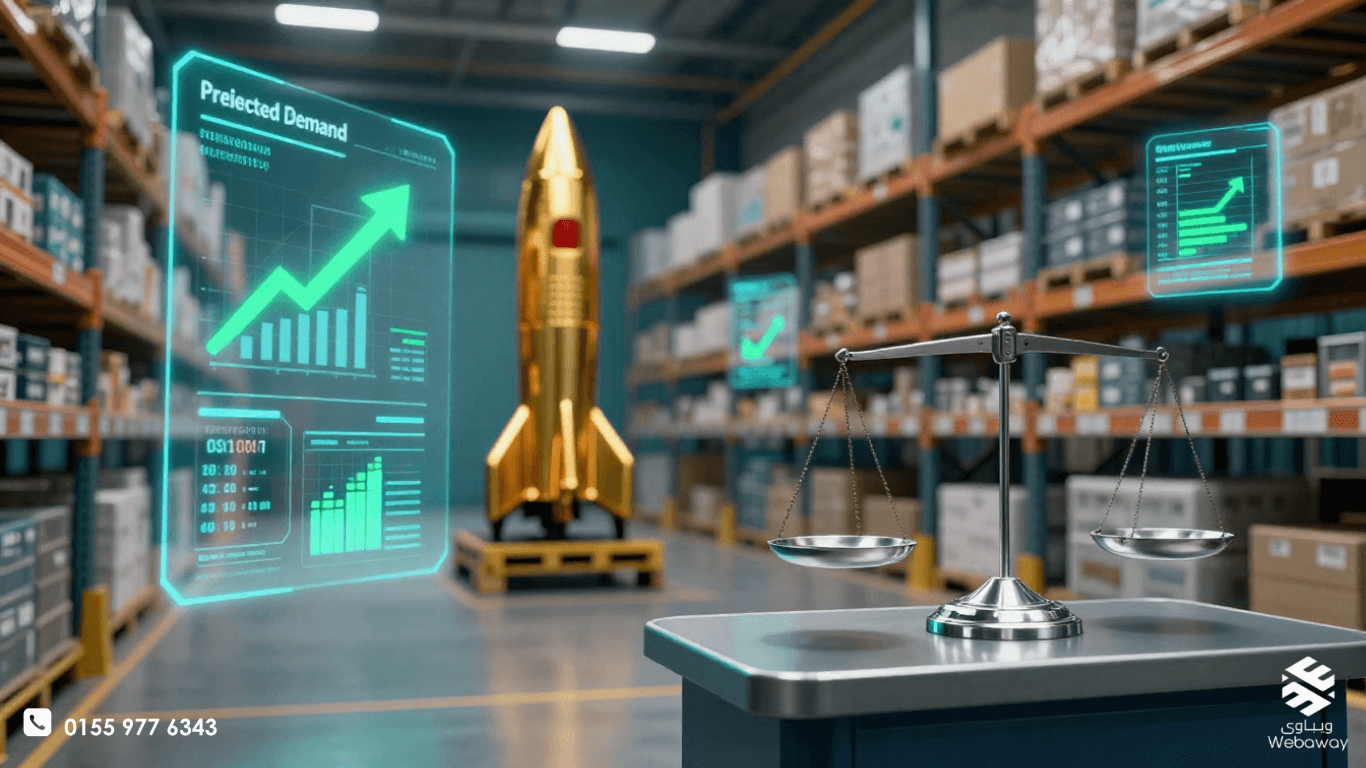 مستودع ذكي تظهر فيه بيانات رقمية فوق المنتجات توضح مستويات المخزون وتوقعات الطلب المستقبلية باستخدام الـ AI - ويباوي 2026.