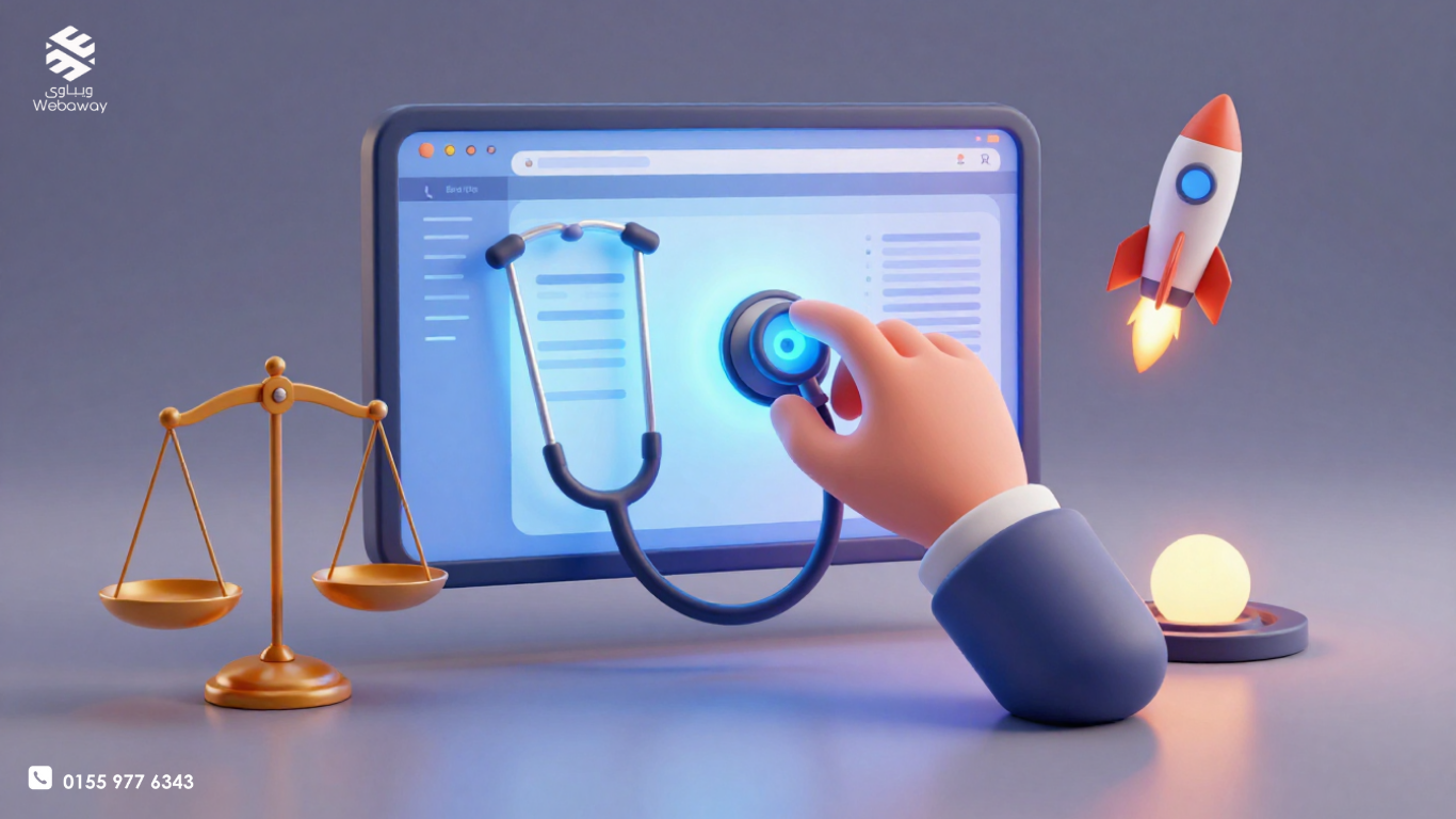 رسم توضيحي يظهر تقني في ويباوي يقوم بإصلاح عطل فني في موقع إلكتروني لجعله مرئياً لمحركات بحث جوجل - ويباوي.