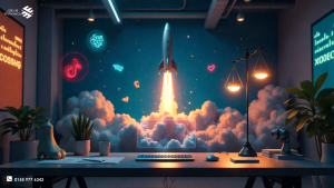 رائد أعمال يستخدم أدوات ذكاء اصطناعي لتوليد محتوى بصري ونصي مبتكر يعبر عن هوية شركتة الرقمية - ويباوي.