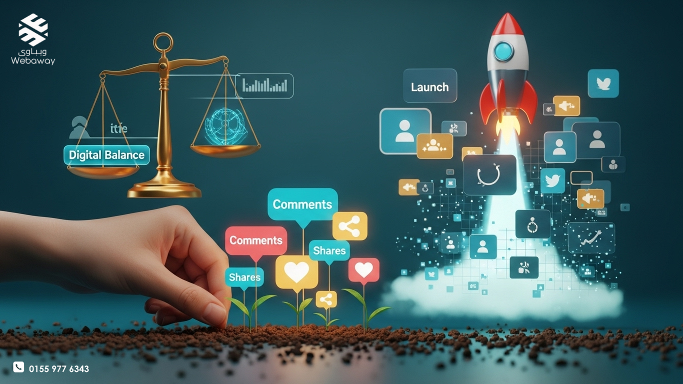 رسم توضيحي يظهر تفاعل المستخدمين مع محتوى رقمي متنوع (لايكات، تعليقات، مشاركات) لتعزيز الصورة الرقمية - ويباوي.
