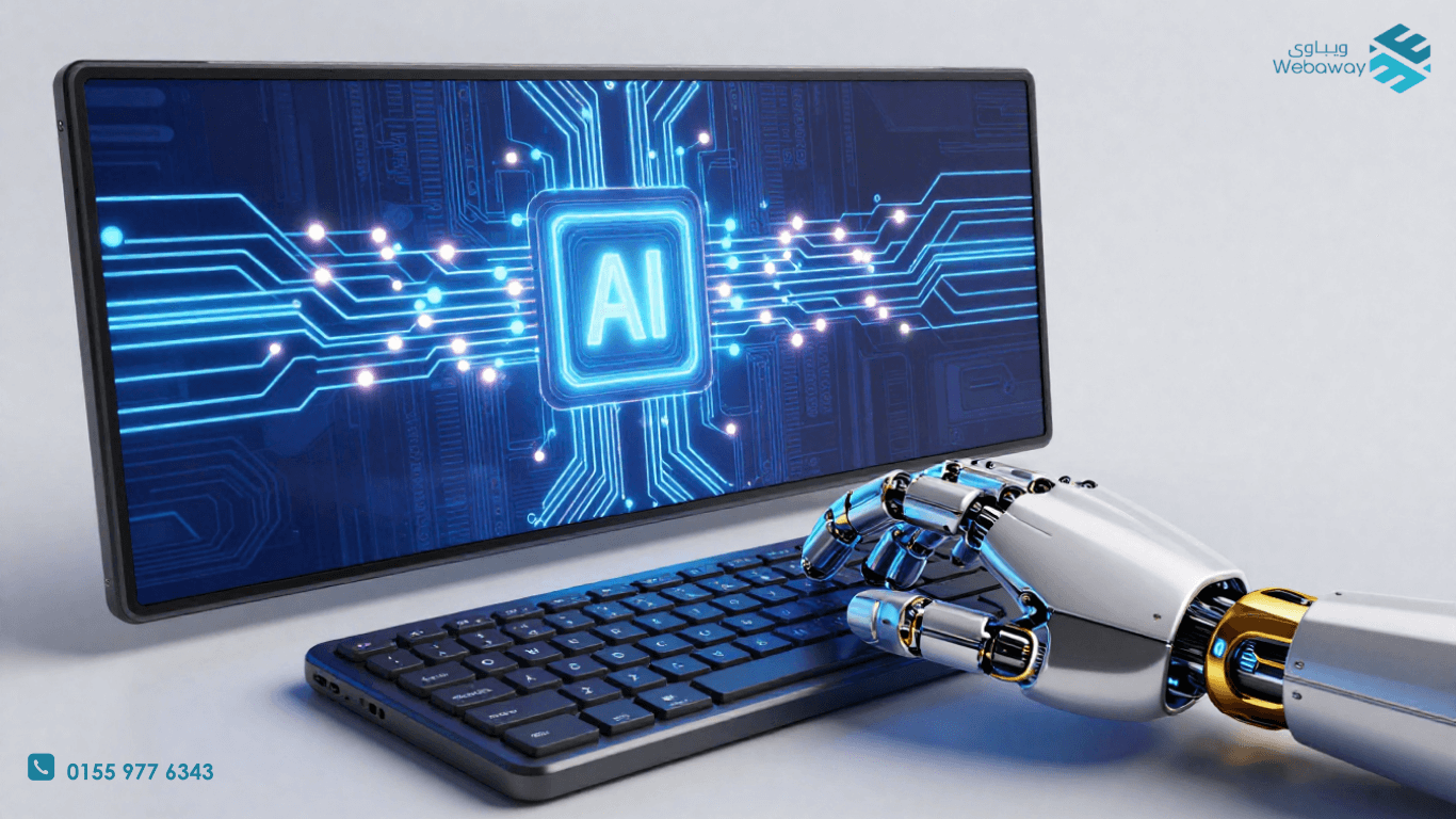 يد بشرية ويد آليه يتعاونان معاً لكتابة مقال إبداعي على لوحة مفاتيح رقمية متطورة - ويباوي 2026.