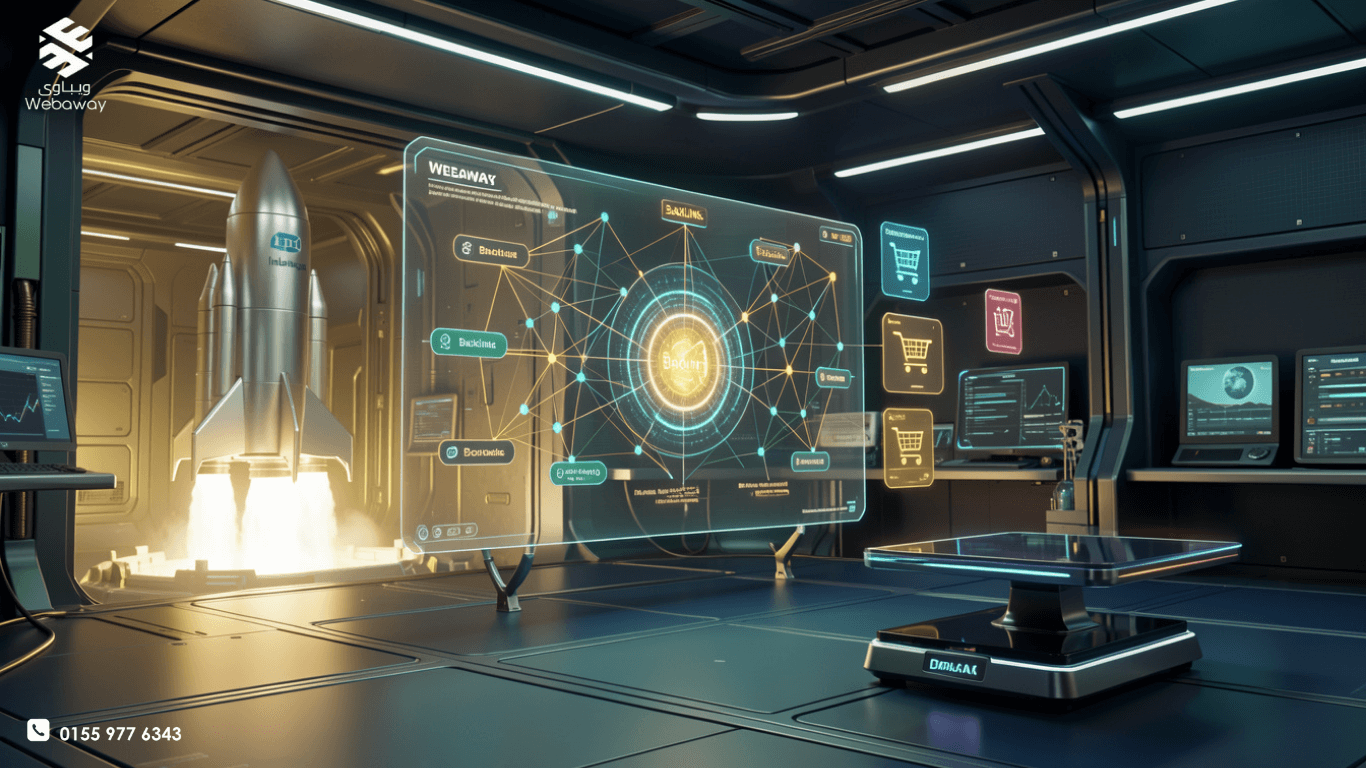 خريطة رقمية ثلاثية الأبعاد تظهر ترابط الروابط الخلفية لموقع إلكتروني يتم تحليلها بواسطة نظام ذكاء اصطناعي متطور - ويباوي 2026.