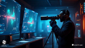 رسم توضيحي احترافي يظهر خبير تسويق يحلل بيانات المنافسين رقمياً لتحقيق التوازن الرقمي - ويباوي.