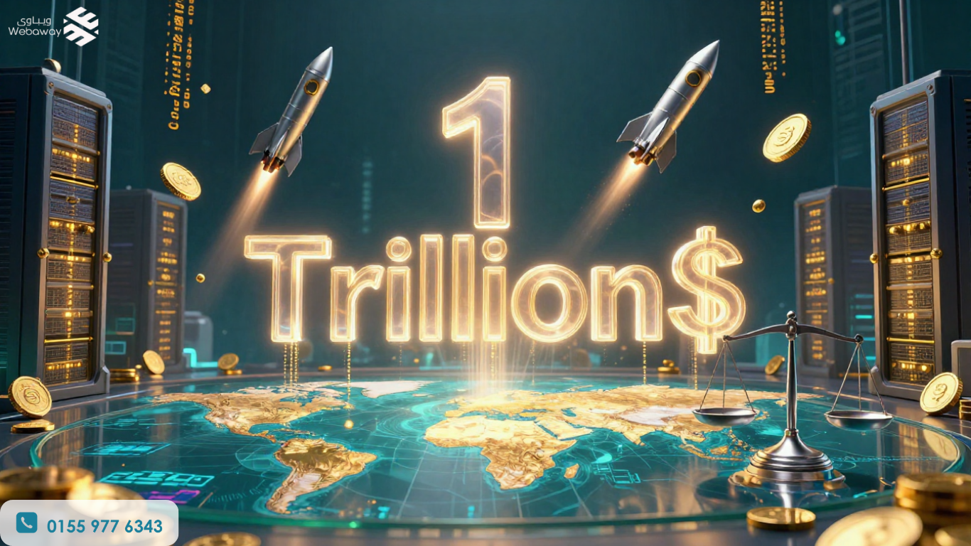 رسم بياني ثلاثي الأبعاد يظهر نمواً هائلاً للعملات الرقمية والبيانات يتصاعد نحو رقم 1.1 تريليون دولار مع شعار ويباوي - 2026.