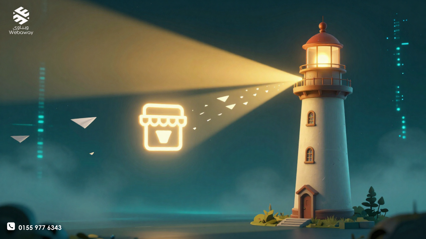 رسم توضيحي يظهر مساراً رقمياً يربط بين المنتجات والعملاء المستهدفين لتعزيز المبيعات واستعادة التوازن الرقمي - ويباوي.