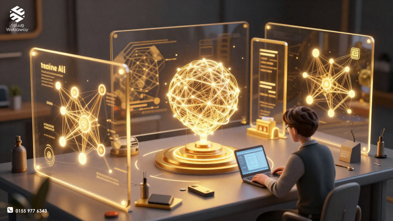 رسم توضيحي يظهر مراحل بناء متجر إلكتروني احترافي مدعوم بالذكاء الاصطناعي لضمان انطلاقة ناجحة - ويباوي.