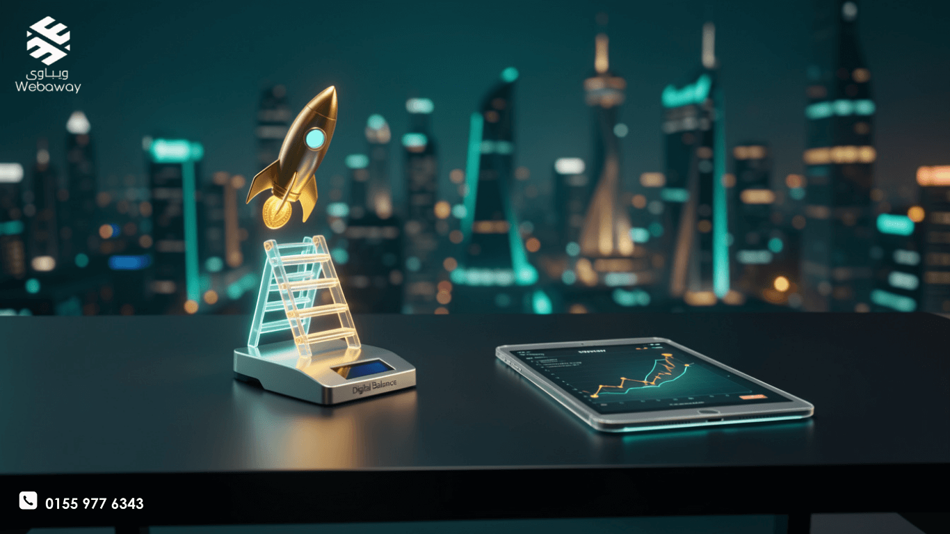 رسم توضيحي لدرج صاعد يبدأ من عملة صغيرة وينتهي بصاروخ ينطلق نحو القمة، يمثل مراحل الاستثمار من الصفر - ويباوي 2026.