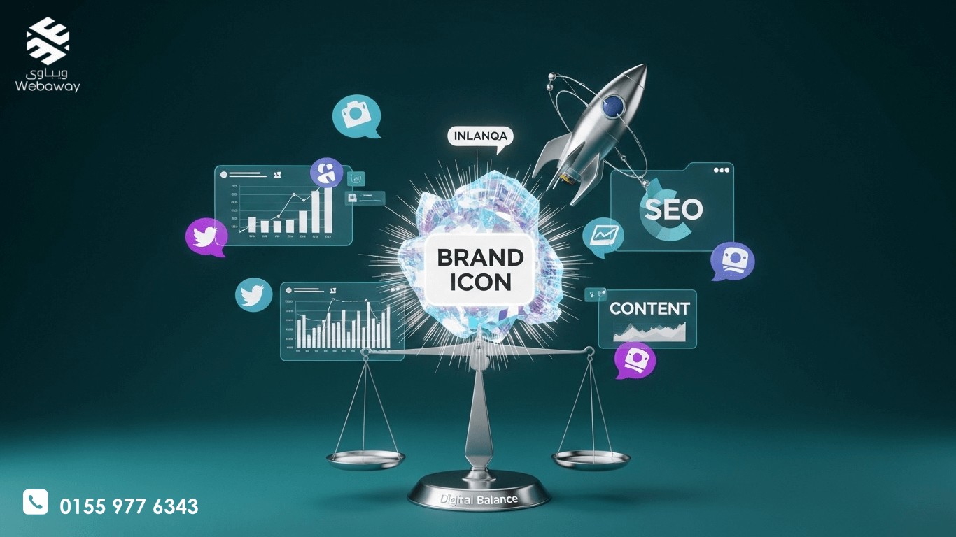 تصميم يعبر عن استراتيجيات التسويق الرقمي المتكاملة مع شعار ويباوي وصاروخ الانطلاق نحو النجاح الرقمي وميزان التوازن."