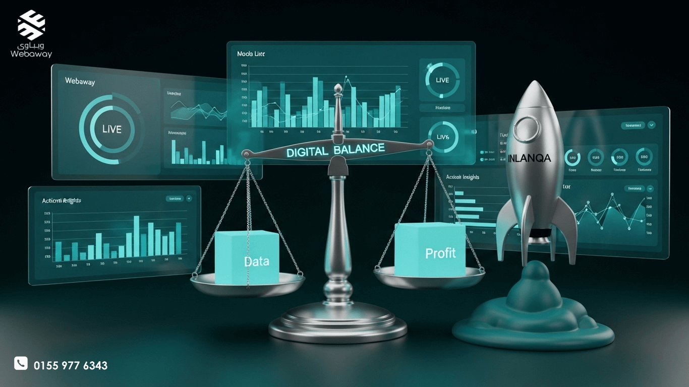 لوحة تحكم رقمية متطورة تعرض رسوماً بيانية حية وتوقعات ذكية لسلوك المستهلك مع شعار ويباوي - 2026.