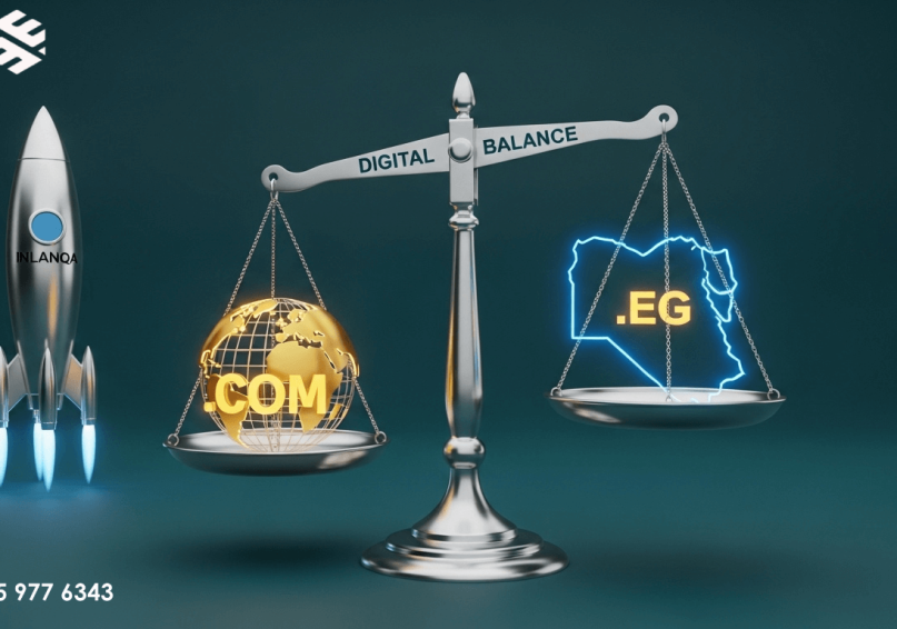 صورة توضح مقارنة بين الدومين العام gTLD والدومين المحلي ccTLD مع شعار شركة ويباوي لخدمات التسويق الرقمي وبرمز الميزان الرقمي