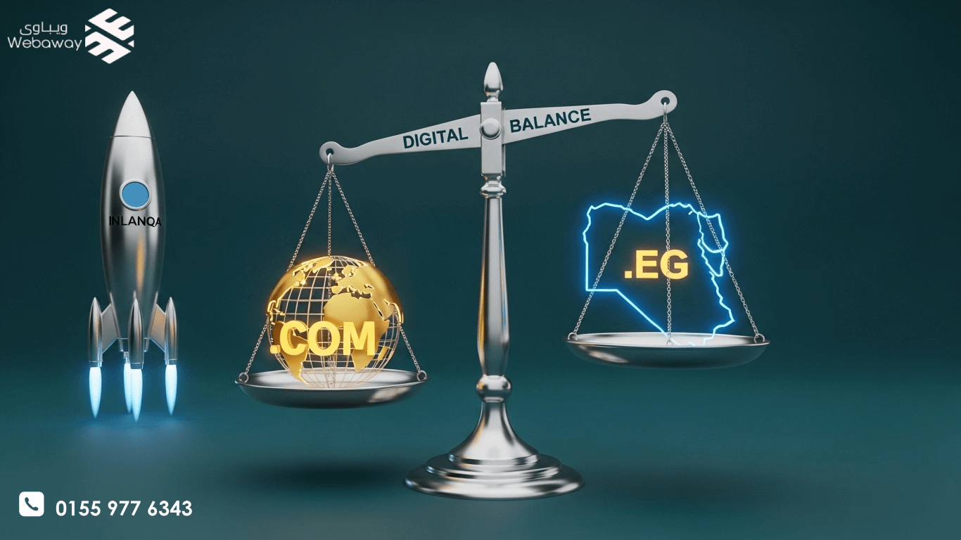 صورة توضح مقارنة بين الدومين العام gTLD والدومين المحلي ccTLD مع شعار شركة ويباوي لخدمات التسويق الرقمي وبرمز الميزان الرقمي