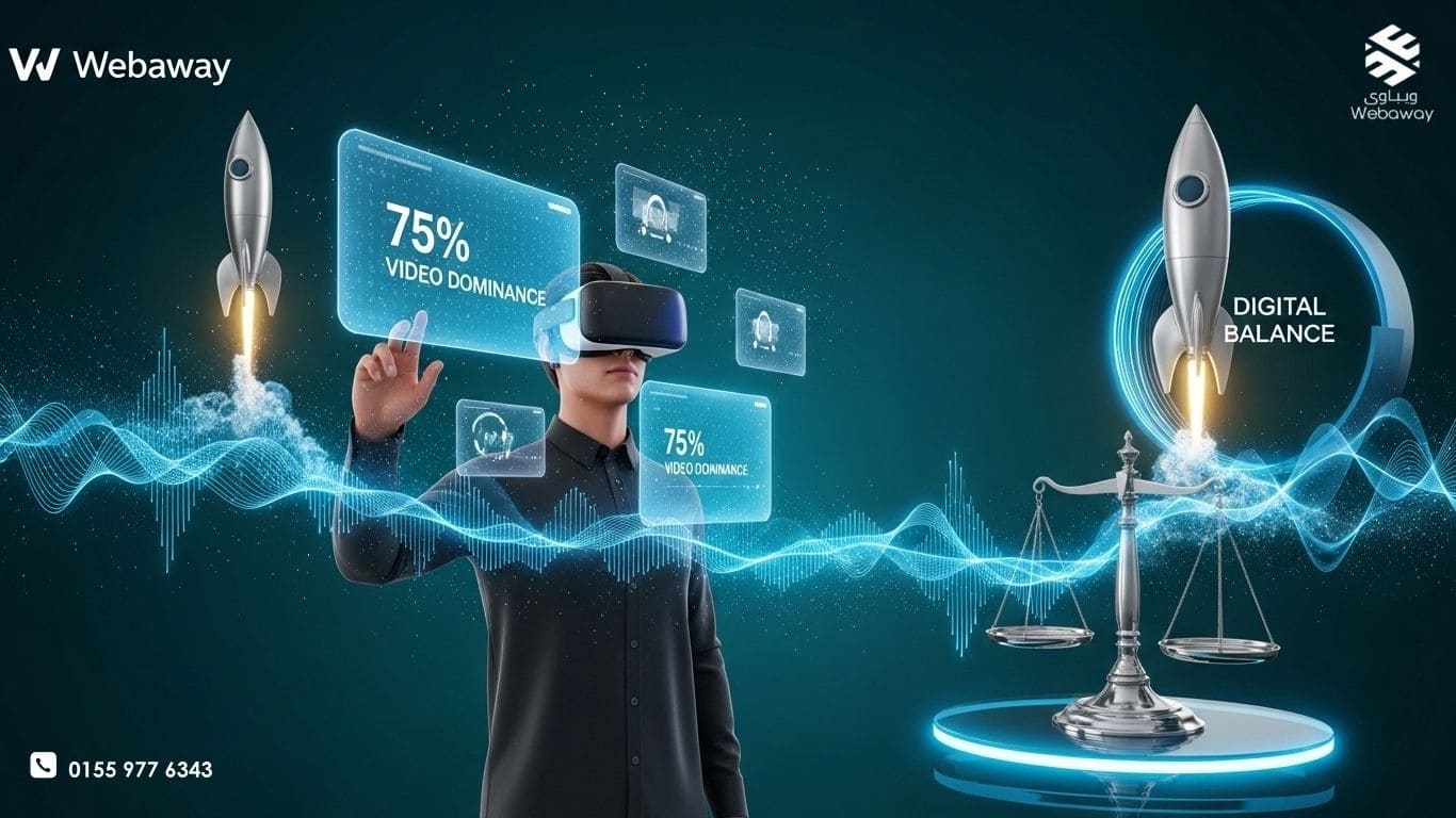 شخص يرتدي نظارة واقع افتراضي ويتفاعل مع متجر إلكتروني ثلاثي الأبعاد يعرض منتجات بشكل واقعي للغاية - ويباوي 2026.