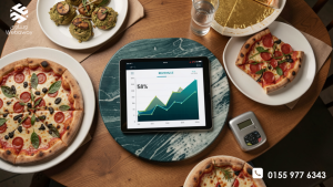 تحليل بياني يوضح قصة نجاح بيتزا هت العالمية في تصدر نتائج البحث وزيادة الأرباح، مع أيقونات تعبر عن التوازن الرقمي.