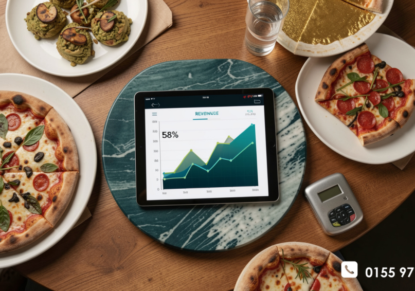 تحليل بياني يوضح قصة نجاح بيتزا هت العالمية في تصدر نتائج البحث وزيادة الأرباح، مع أيقونات تعبر عن التوازن الرقمي.