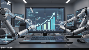 يد آلية متطورة تصافح يداً بشرية فوق شاشة بيانات رقمية، ترمز للتعاون بين الذكاء الاصطناعي والمسوقين - ويباوي 2026.