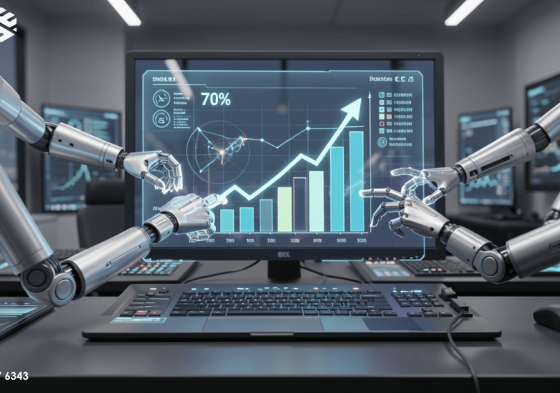 يد آلية متطورة تصافح يداً بشرية فوق شاشة بيانات رقمية، ترمز للتعاون بين الذكاء الاصطناعي والمسوقين - ويباوي 2026.