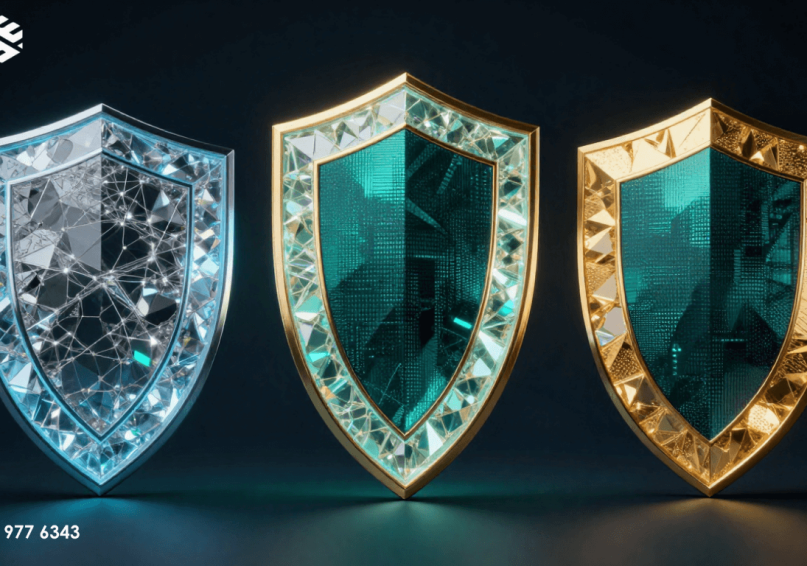 تصميم ثلاثي الأبعاد يوضح أنواع شهادات الأمان SSL كثلاثة دروع رقمية متدرجة القوة مع ميزان التوازن وصاروخ ويباوي، يعكس مستويات الحماية والمصداقية.