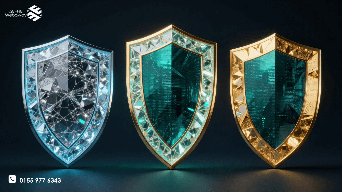 تصميم ثلاثي الأبعاد يوضح أنواع شهادات الأمان SSL كثلاثة دروع رقمية متدرجة القوة مع ميزان التوازن وصاروخ ويباوي، يعكس مستويات الحماية والمصداقية.