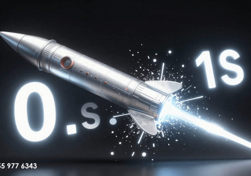 صاروخ فضي (Inlanqa) ينطلق بسرعة فائقة مخترقاً عداد زمن رقمي، يرمز لسرعة تحميل المواقع في ويباوي وتحقيق التوازن بين الأداء الفائق وتجربة المستخدم.