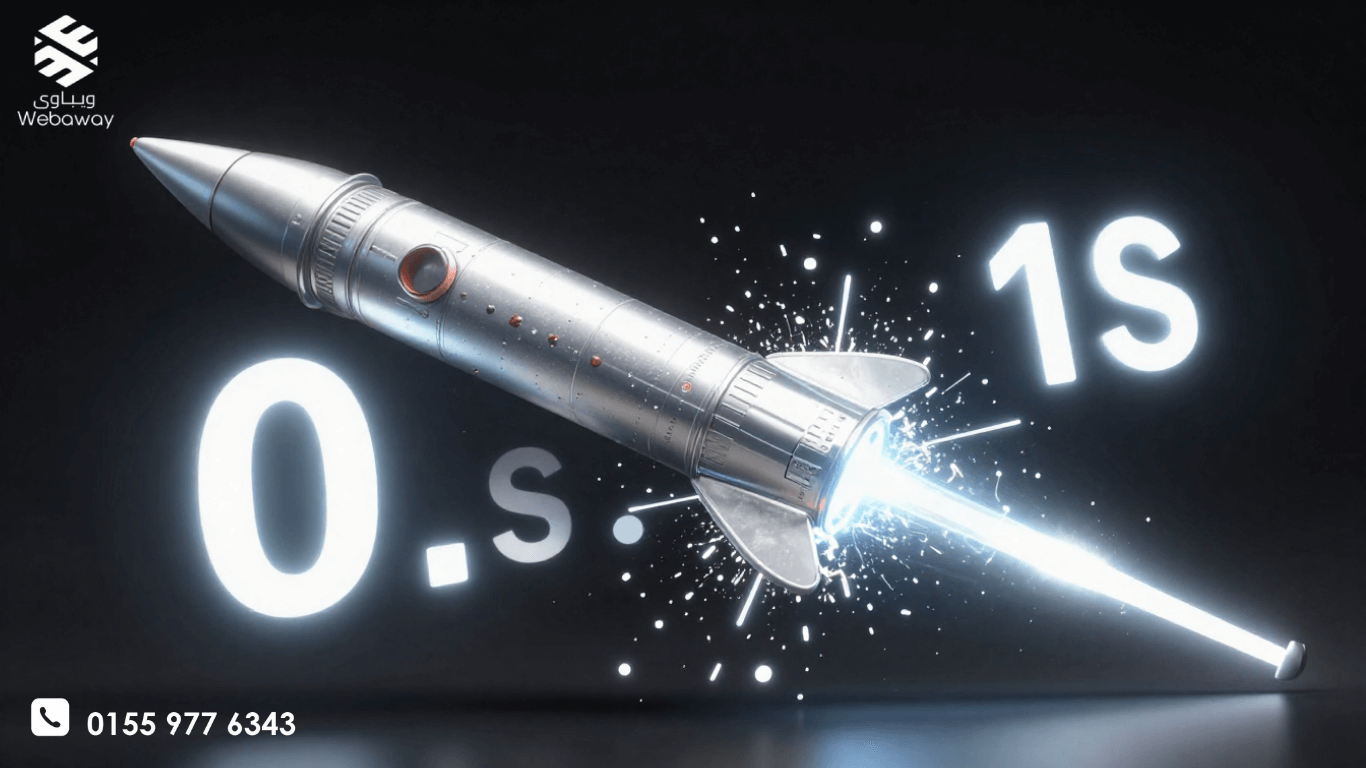 صاروخ فضي (Inlanqa) ينطلق بسرعة فائقة مخترقاً عداد زمن رقمي، يرمز لسرعة تحميل المواقع في ويباوي وتحقيق التوازن بين الأداء الفائق وتجربة المستخدم.