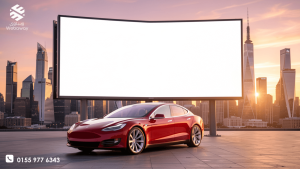 سيارة تسلا حمراء متوقفة أمام لوحة إعلانية رقمية فارغة، ترمز لاستراتيجية تسلا في التسويق بدون إعلانات، مع إضاءة غروب دراماتيكية تعكس قصة نجاح إيلون ماسك والتسويق الاورجانك