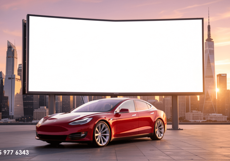سيارة تسلا حمراء متوقفة أمام لوحة إعلانية رقمية فارغة، ترمز لاستراتيجية تسلا في التسويق بدون إعلانات، مع إضاءة غروب دراماتيكية تعكس قصة نجاح إيلون ماسك والتسويق الاورجانك
