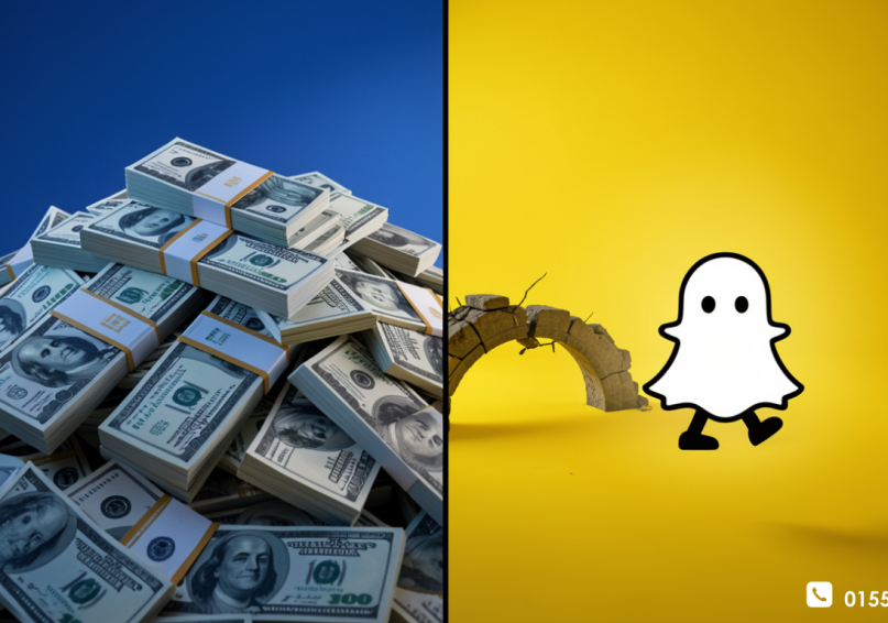كيف خسرت سناب شات فرصة الاستحواذ من فيسبوك؟ – درس في الفشل الاستراتيجي صورة دراماتيكية تظهر كومة ضخمة من النقود تمثل عرض فيسبوك البالغ 3 مليارات دولار لشراء سناب شات، مع شبح سناب شات الأصفر يمشي بعيداً عن الصفقة، وجسر مكسور بينهما، رمز لأكبر صفقة فاشلة في تاريخ التكنولوجيا.