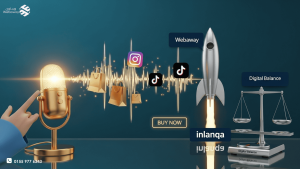 شخص يتحدث لهاتفه الذكي للبحث عن منتج، وخلفه واجهة متجر إنستجرام تعرض خيارات شراء فورية - ويباوي 2026.