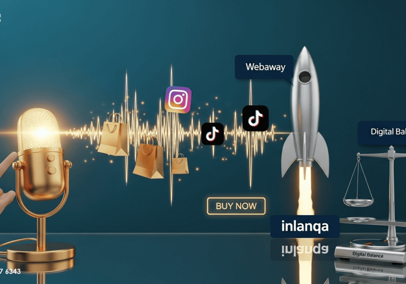 شخص يتحدث لهاتفه الذكي للبحث عن منتج، وخلفه واجهة متجر إنستجرام تعرض خيارات شراء فورية - ويباوي 2026.