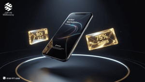 هاتف ذكي تخرج منه أيقونات مشتريات ذهبية ورسائل بريد إلكتروني طائرة تعبر عن العائد المرتفع - ويباوي 2026.