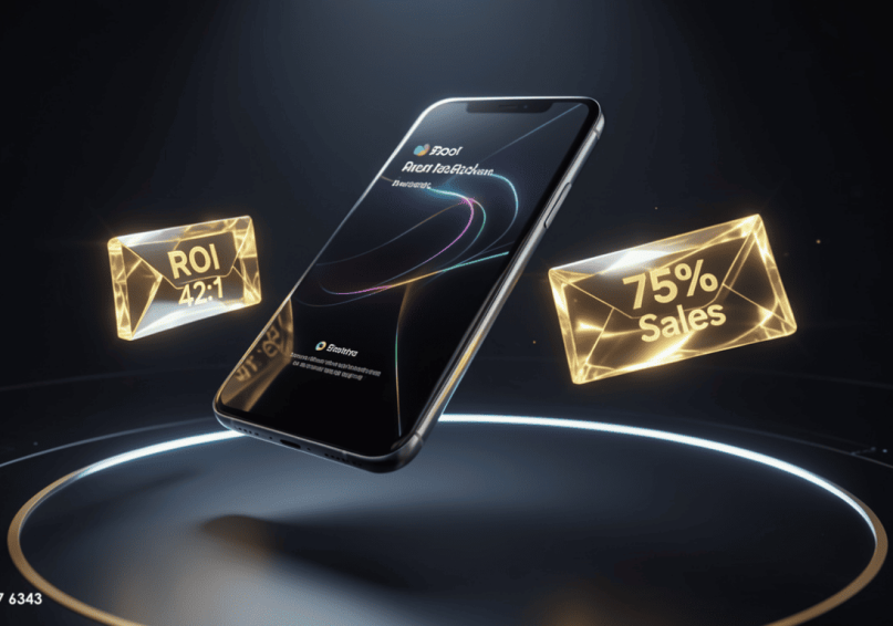 هاتف ذكي تخرج منه أيقونات مشتريات ذهبية ورسائل بريد إلكتروني طائرة تعبر عن العائد المرتفع - ويباوي 2026.