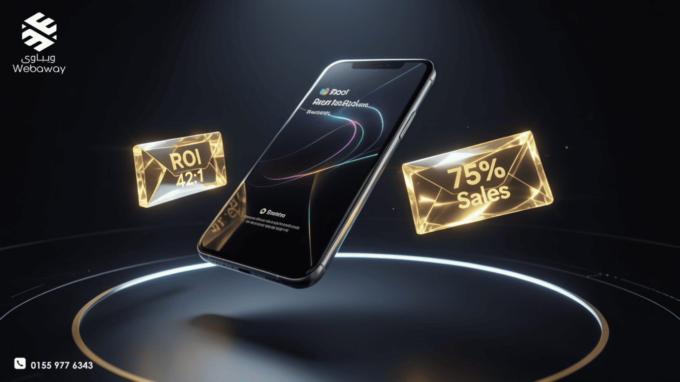 هاتف ذكي تخرج منه أيقونات مشتريات ذهبية ورسائل بريد إلكتروني طائرة تعبر عن العائد المرتفع - ويباوي 2026.