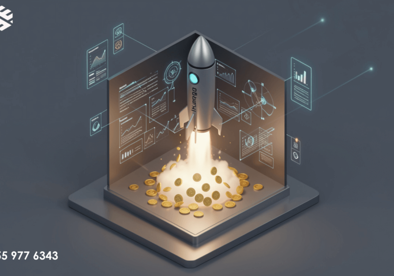 رسم بياني يوضح صعود أرباح وكالة Xmas إلى مليون دولار، مع ميزان التوازن الرقمي وشعار ويباوي وصاروخ الانطلاق