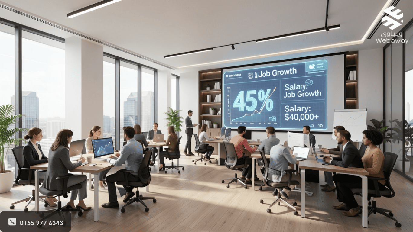 رسم بياني صاعد يربط بين مهارات الذكاء الاصطناعي وزيادة الرواتب، مع أيقونات تمثل مهارات التسويق الحديثة - ويباوي 2026.