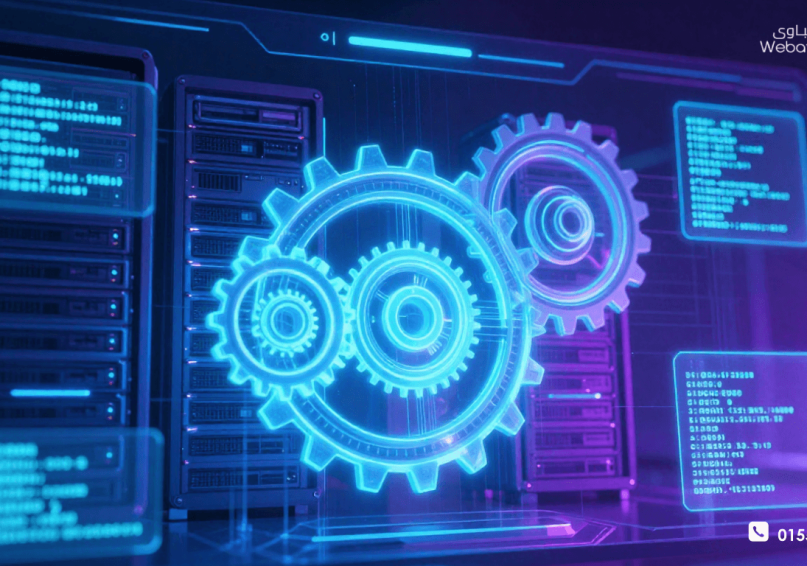 السيو التقني (Technical SEO) – دليل تحسين البنية التحتية لموقعك لوحة تحكم مستقبلية تعرض البنية التحتية للموقع مع تروس وخوادم وأكواد برمجية، تمثل عناصر السيو التقني مثل سرعة الموقع، تحسين الجوال، SSL، الزحف والفهرسة.