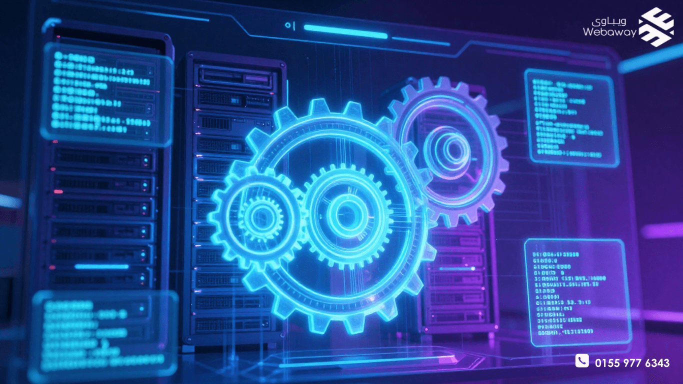 لوحة تحكم مستقبلية تعرض البنية التحتية للموقع مع تروس وخوادم وأكواد برمجية، تمثل عناصر السيو التقني مثل سرعة الموقع، تحسين الجوال، SSL، الزحف والفهرسة.