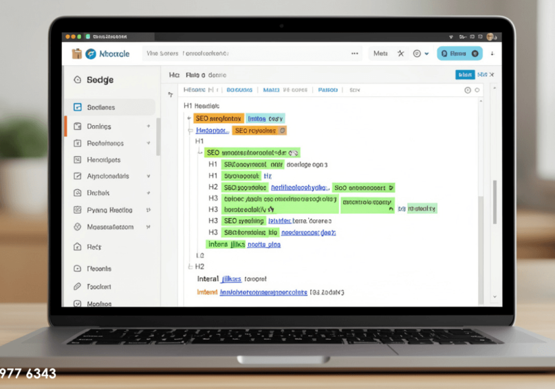 السيو الداخلي (On-Page SEO) – الدليل الشامل لتحسين صفحات موقعك من الداخل شاشة لابتوب حديثة تعرض واجهة تحرير موقع إلكتروني مع إبراز الكلمات المفتاحية، علامات الميتا، هيكل العناوين، والروابط الداخلية، تمثل عناصر السيو الداخلي On-Page SEO.