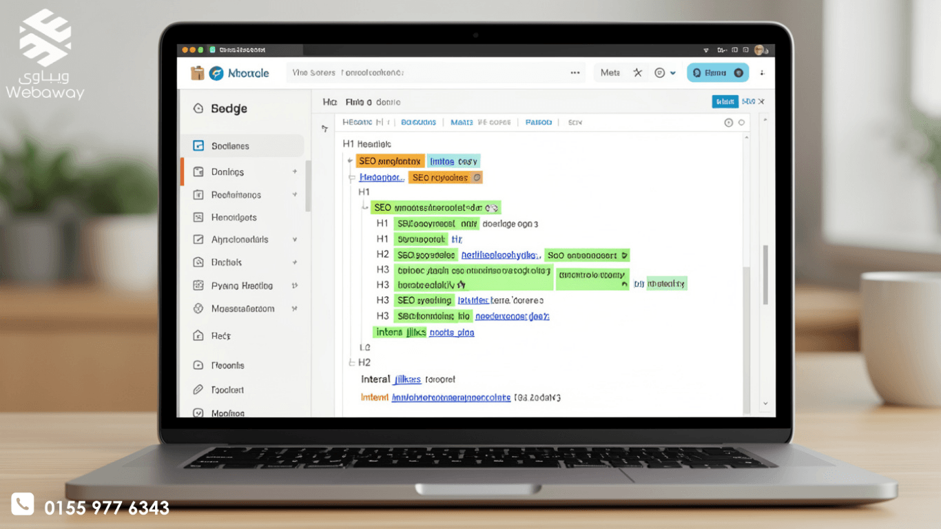 شاشة لابتوب حديثة تعرض واجهة تحرير موقع إلكتروني مع إبراز الكلمات المفتاحية، علامات الميتا، هيكل العناوين، والروابط الداخلية، تمثل عناصر السيو الداخلي On-Page SEO.