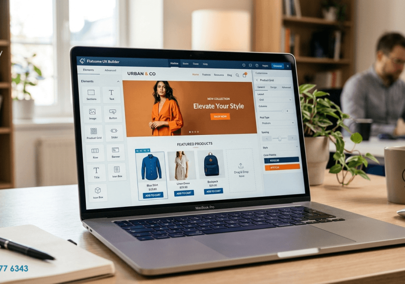 دليل شامل لأداة UX Builder في قالب Flatsome – كيف تبني متجرك الاحترافي بدون خبرة برمجية؟ شاشة لابتوب حديثة تعرض واجهة أداة UX Builder في قالب Flatsome، مع عناصر السحب والإفلات على اليسار، وصفحة متجر إلكتروني جميل يتم تصميمها في المنتصف، وخيارات التخصيص على اليمين.