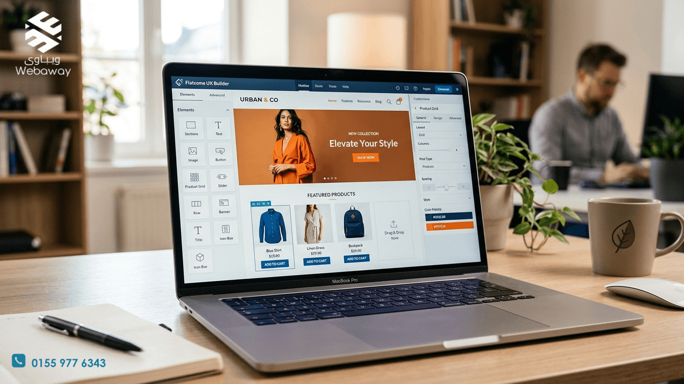 شاشة لابتوب حديثة تعرض واجهة أداة UX Builder في قالب Flatsome، مع عناصر السحب والإفلات على اليسار، وصفحة متجر إلكتروني جميل يتم تصميمها في المنتصف، وخيارات التخصيص على اليمين.