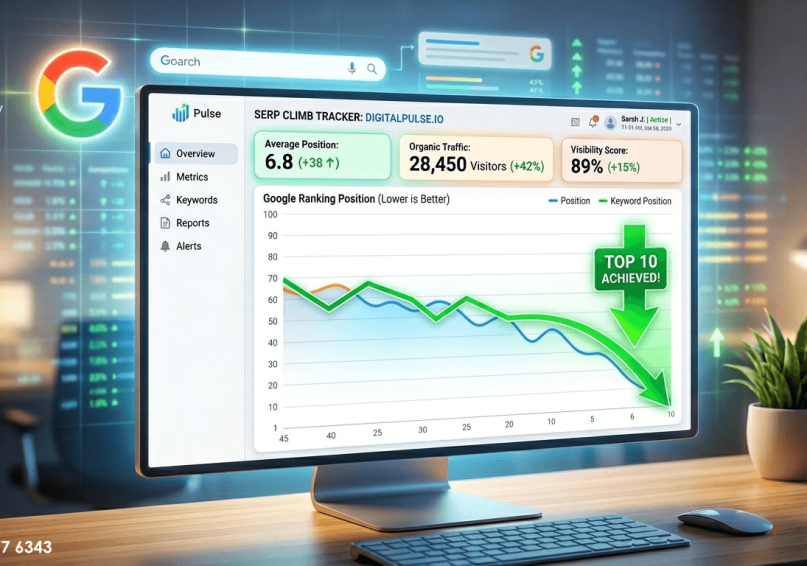 ما هو السيو (SEO)؟ – دليل المبتدئين الشامل لتحسين محركات البحث 2026 لوحة تحكم رقمية حديثة تظهر موقعاً إلكترونياً يصعد في نتائج محركات البحث، مع رسم بياني ملون وسهام صاعدة، تمثل قوة تحسين محركات البحث SEO ونجاح الموقع.