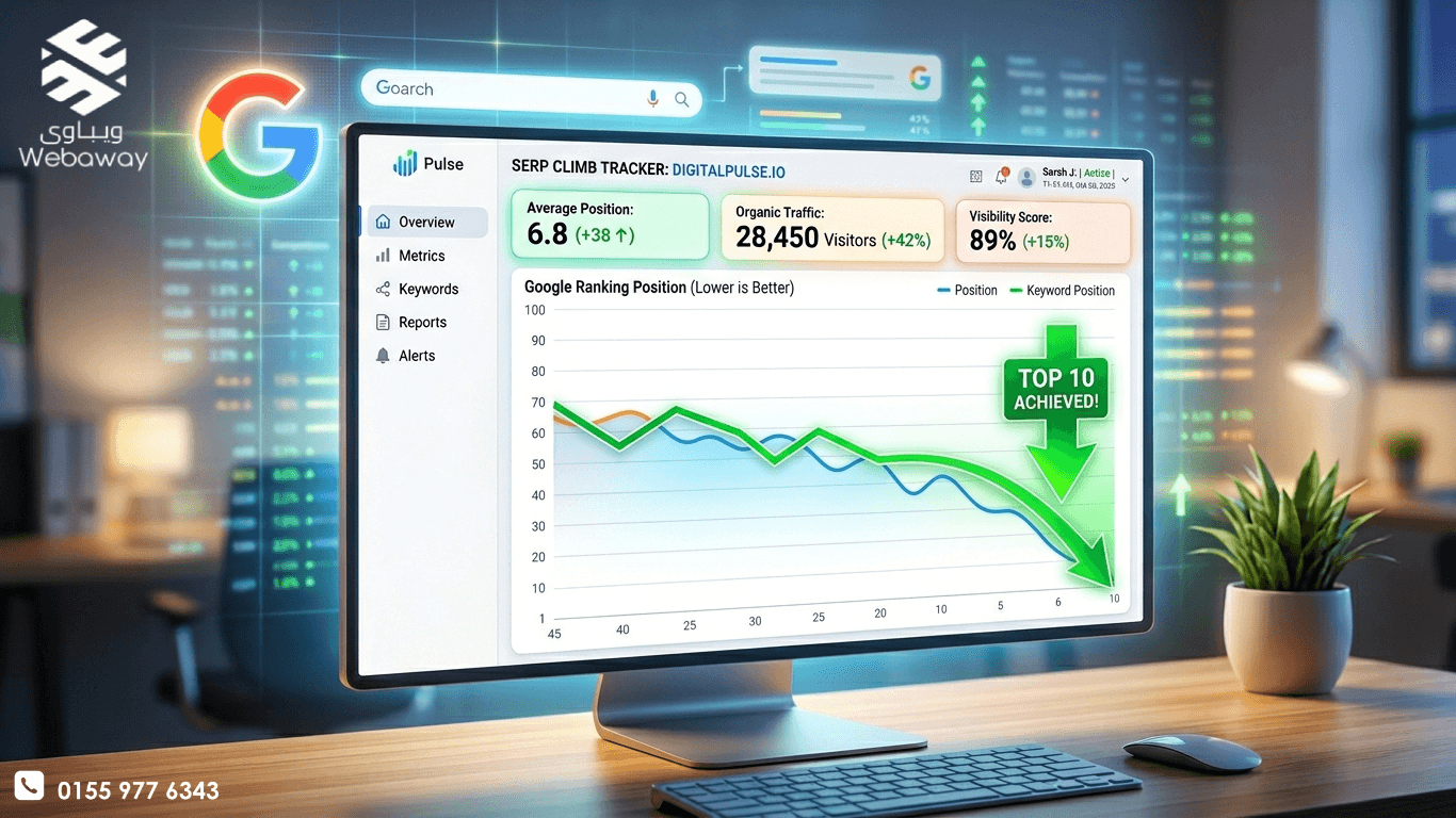 لوحة تحكم رقمية حديثة تظهر موقعاً إلكترونياً يصعد في نتائج محركات البحث، مع رسم بياني ملون وسهام صاعدة، تمثل قوة تحسين محركات البحث SEO ونجاح الموقع.