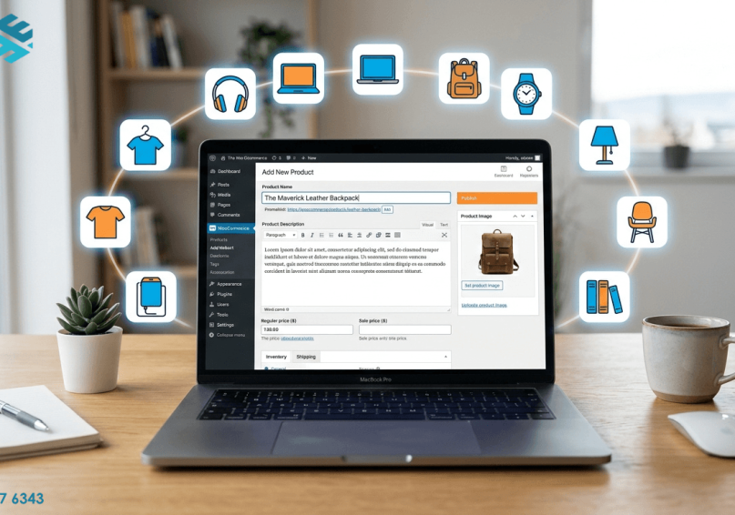 إنشاء متجر إلكتروني احترافي – إضافة المنتجات وإدارة المخزون .. كيف تحول منتجاتك إلى مبيعات؟ شاشة لابتوب حديثة تعرض واجهة إضافة منتج في WooCommerce مع حقول لاسم المنتج والسعر والوصف ورفع الصورة، محاطة بأيقونات منتجات عائمة تمثل فئات مختلفة.