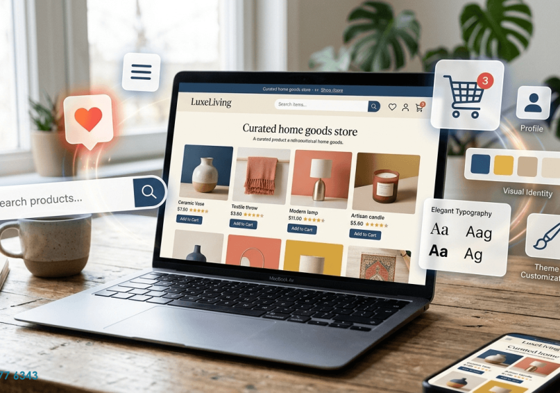 شاشة لابتوب حديثة تعرض تصميم متجر إلكتروني بشبكات منتجات جميلة وتنسيق نص أنيق وألوان زاهية، محاطة بعناصر واجهة مستخدم مثل سلة التسوق وأيقونة القلب وشريط البحث.