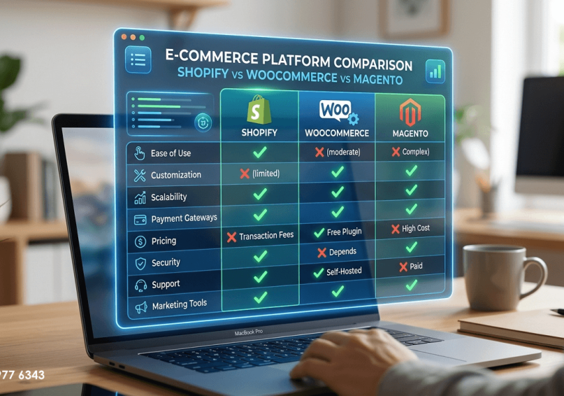 مخطط مقارنة رقمي حديث يعرض شعارات ثلاث منصات (Shopify و WooCommerce و Magento) مع علامات صح وخطأ لميزات مختلفة، تصميم احترافي باللونين الأزرق والأخضر.