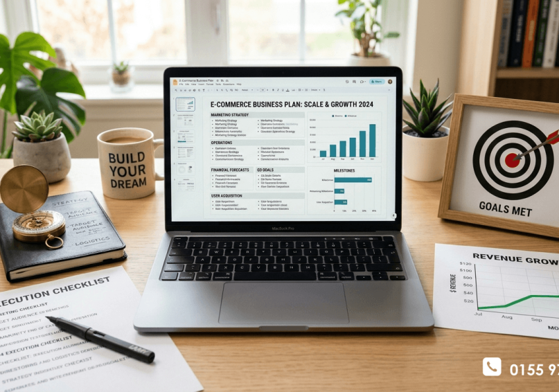 مساحة عمل حديثة مع لابتوب يعرض خطة عمل متجر إلكتروني، حولها أدوات تمثل التخطيط مثل بوصلة وهدف وقائمة مراجعة ورسم بياني صاعد.