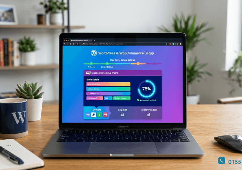 شاشة لابتوب حديثة تعرض عملية تثبيت ووردبريس مع معالج إعداد WooCommerce، أشرطة تقدم ملونة وعلامات صح، تصميم احترافي باللونين الأزرق والبنفسجي.