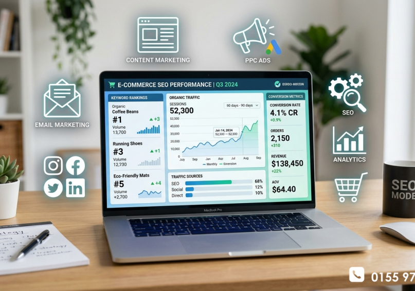 شاشة لابتوب حديثة تعرض لوحة تحكم SEO لمتجر إلكتروني مع ترتيب الكلمات المفتاحية ورسوم بيانية للزيارات، محاطة بأيقونات تسويقية مثل البريد الإلكتروني ووسائل التواصل والإعلانات.