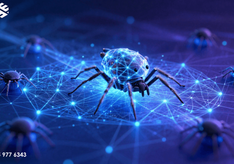 رسم توضيحي مستقبلي يظهر بوتات جوجل (عناكب) تزحف عبر شبكة ضخمة من المواقع المترابطة، مع روابط متوهجة وتدفقات بيانات، تمثل عملية الزحف التي تقوم بها محركات البحث.